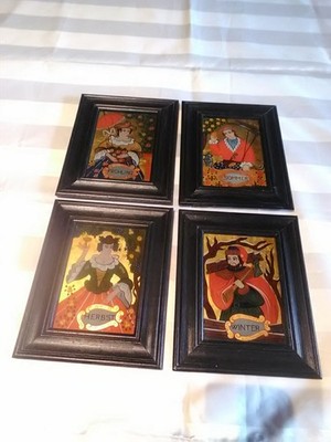 Naive Hinterglas Malerei: Vier Jahreszeiten Bilder Set - 16x16cm  Gerahmt 