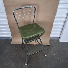 Vintage Cosco Kitchen Metal Step Stool Chair Flip Up Seat Retro MCM Green READ!!