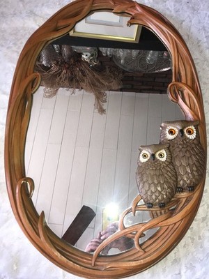 RARE Vintage MCM 3D Faux WOOD Branch OWL Ear PAIR Eyes WALL Oval MIRROR  19x28¾''