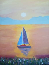 Sailboat Sunset Sail sunlit waters distant mountains 20" x 16" acrylic original
