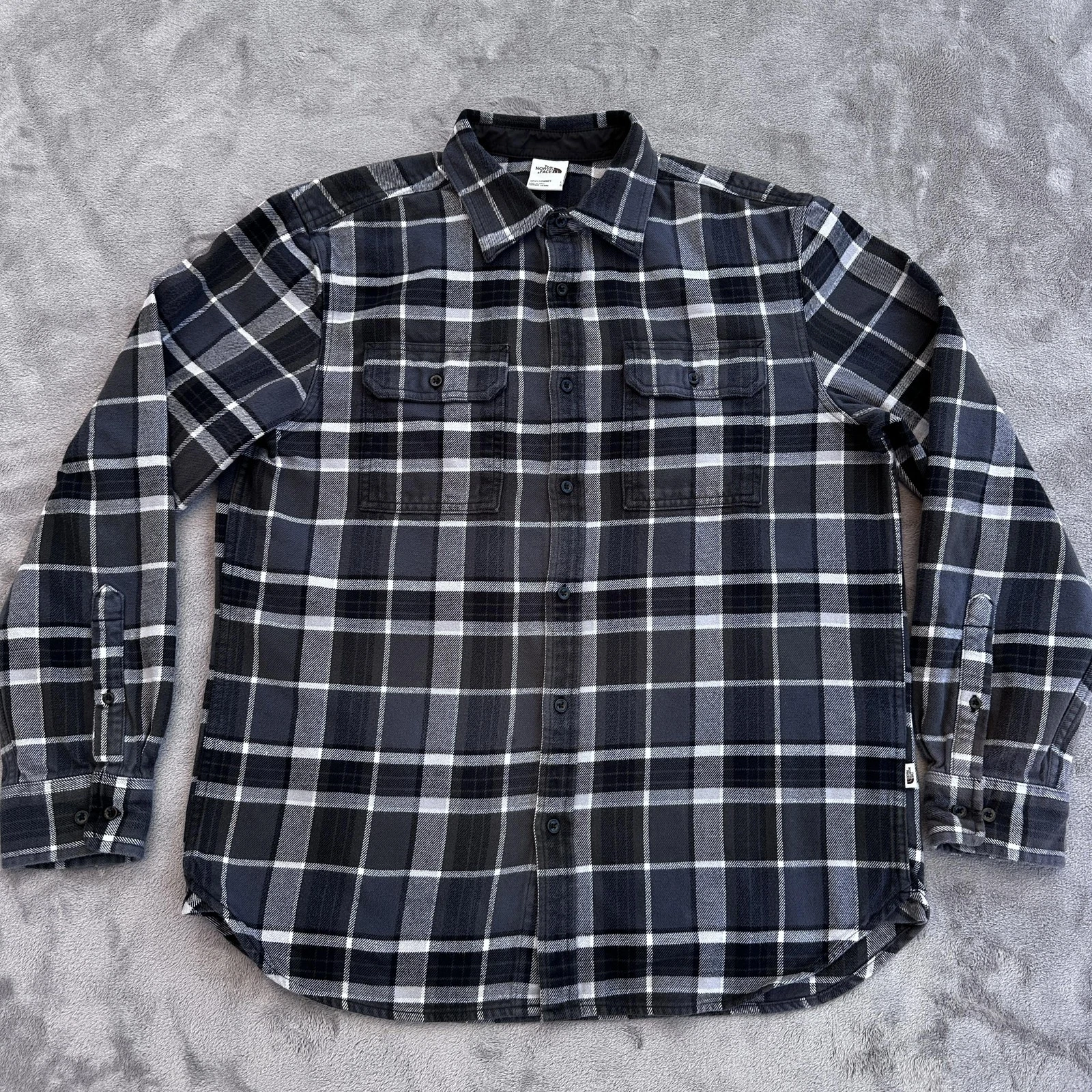 North Face Shirt Mens Large Gray Black Plaid Flannel Lined Button Up Outdoors