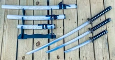 3 Pc White Dragon Samurai Sword Set Carbon Steel Blades with Stand
