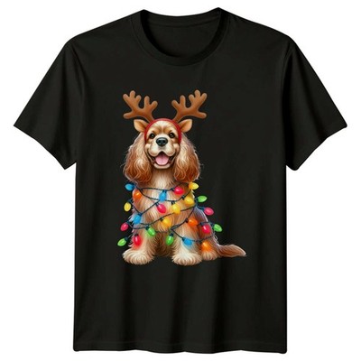 Cocker Spaniel Christmas Lights Holiday Herren T-Shirt Damen Grafik Tee Geweih