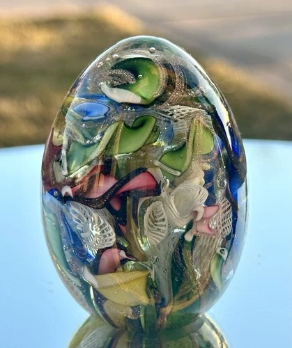 AVEM-Murano VTG-MCM Hand Made Glass Egg-Latticino-Scattered Canes-Collectible