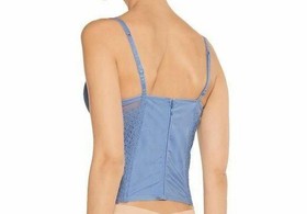 La Perla Greta 36B L Bustier Thong Panty Set Stretch Satin Tulle Blue