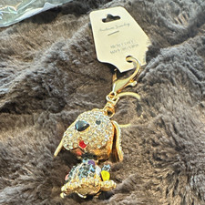 Gold Tone Rhinestone Dog Charm Key Chain Keyring, Clear Bling Animal