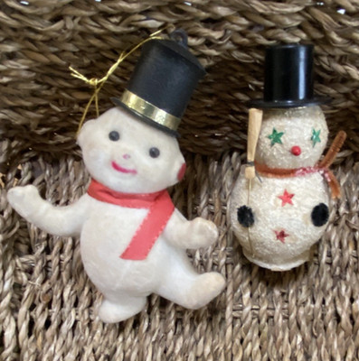 Vintage 50er Jahre Putz Schneemann Japan + beflockter Schneemann ; 2 Weihnachtsschmuck