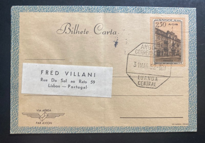 1952 Luanda Portuguese Angola Stationery Air Letter Cover To Lisbon Portugal