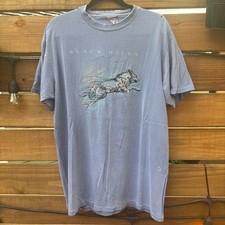 Oneita Black Hills Wolf T-Shirt Mens L Blue Distressed Vintage Made in USA Tee