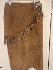 Vintage Boho Western Fringe Cowgirl Tan Suede Skirt Native Sz 12 Hippie