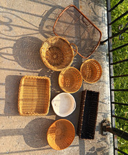 Lot of 8 Wicker Woven Storage Baskets/Trays Brown w/ Handles 15x12 in one metal