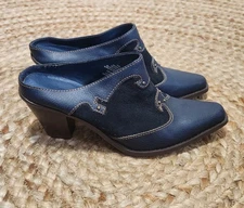 Western Block Heel Suede Leather Shoes Navy Womens 8 Square Toe Clog Slip On 