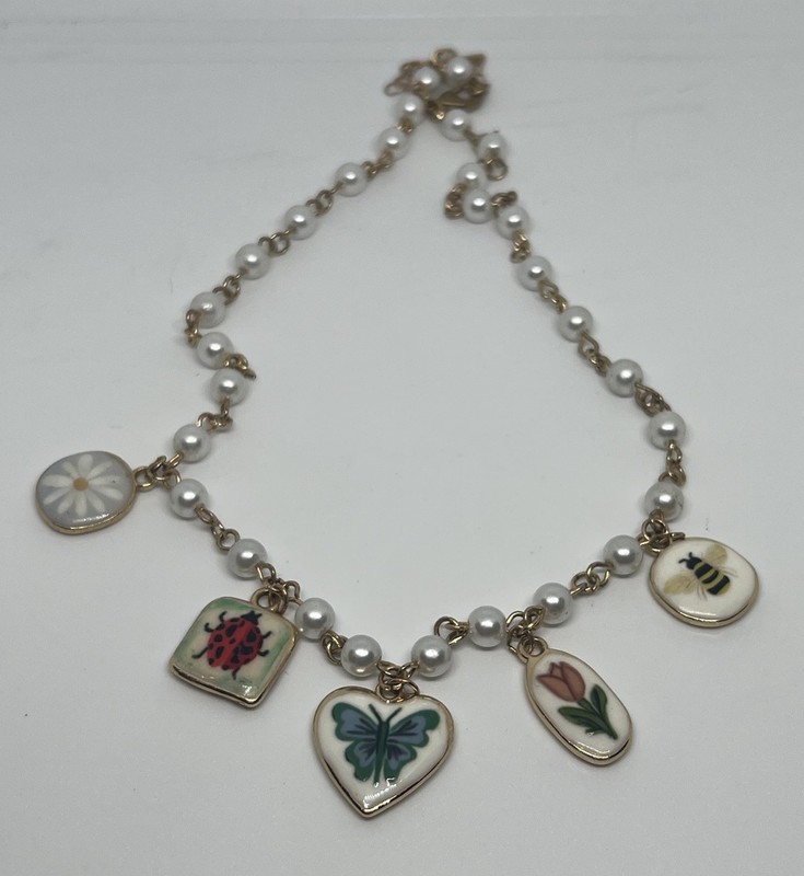 Vintage Pear & Gold Toned Charm Necklace Hand Painted Porcelain Pendants Floral