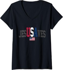 USA Flag Patriotic Jesusaves 4th of July America Ladies' V-Neck Tshirt