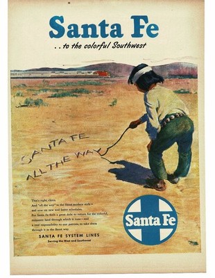 1946 Santa Fe Eisenbahn ATSF Indianer Junge schreibt in Wüstensand Kunst Anzeige