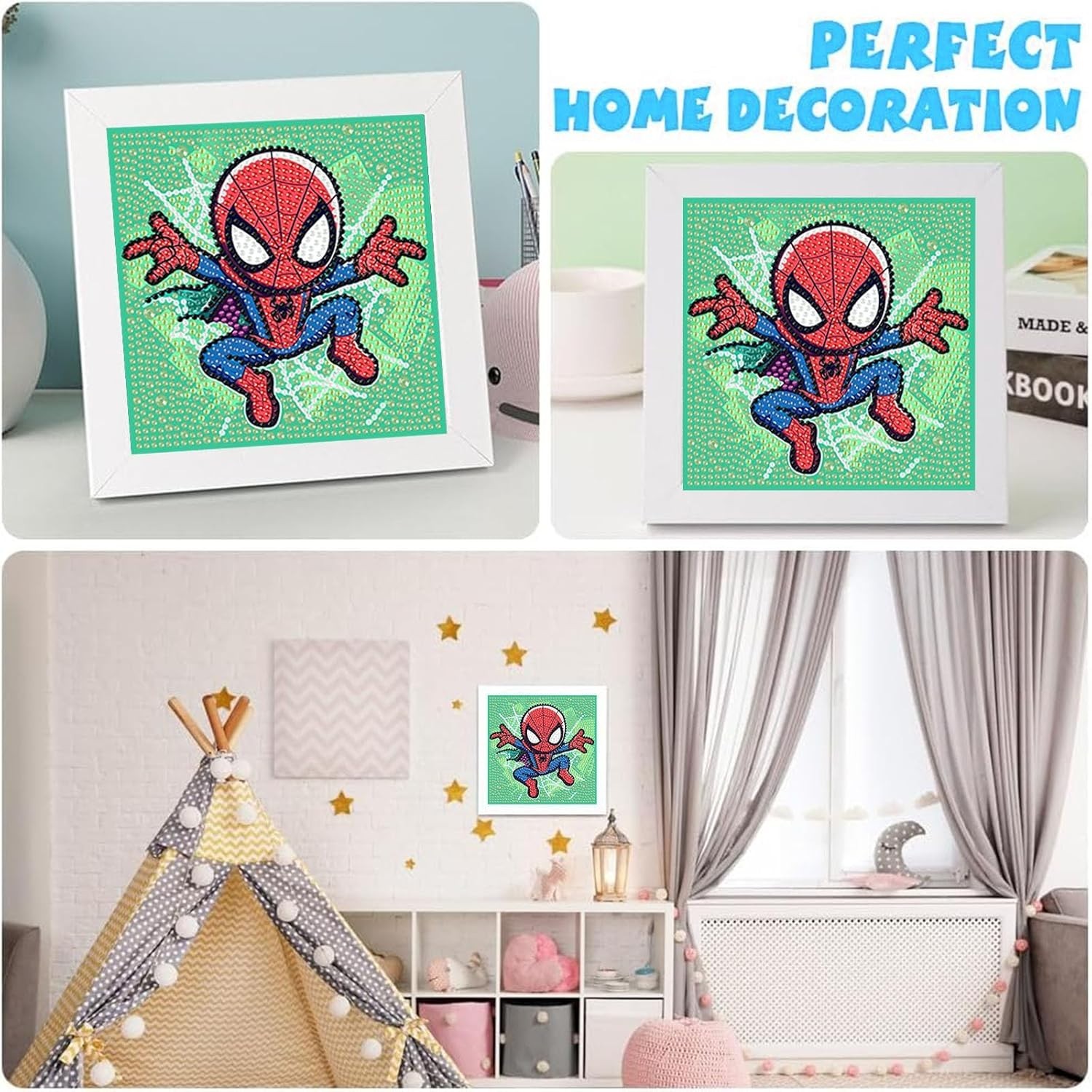 Spiderman Cartoon Diamond Art Kit w/ Frame, Easy Gem Kit for Kids 4-12, 7x7in