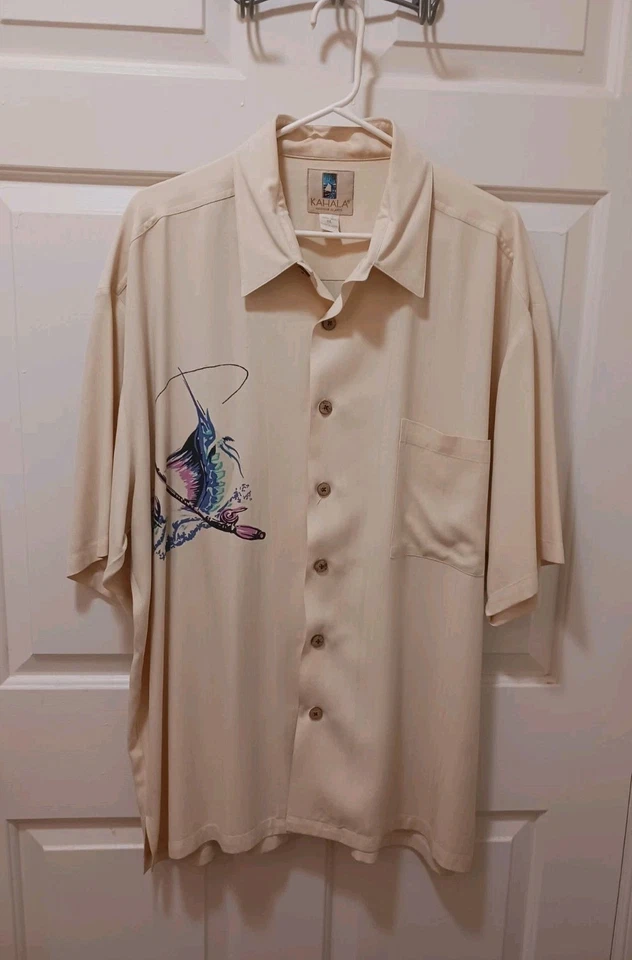 Vtg Kahala Hawaiian Camp Shirt 100% Silk Fishing Print Marlin Swordfish XL Rare - Image 2 of 4