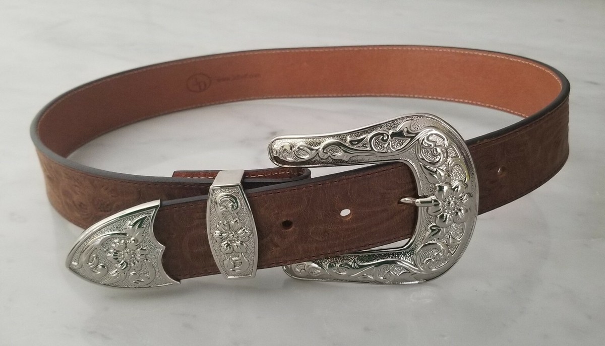 3D Ladies Silver Stud and Embroidered Leaf Embellished Leather Western Belt 36 3D Western Mens Diamond Stitch Leather Belt main image 3
