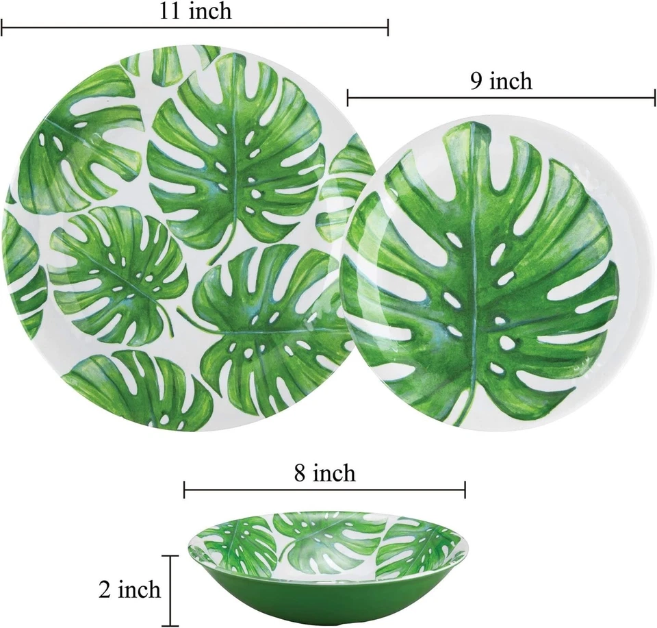Juego de vajilla de melamina diseño Monstera de 12 piezas, servicio para 4 Foto 3 de 4