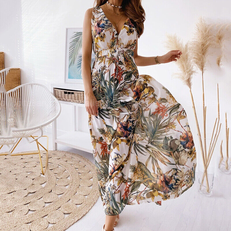 Women's Boho Floral Maxi Dress Ladies Holiday Party Beach Long Casual  Sundress