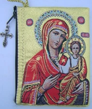 Needzo PLC Gold Rosary Pouch 2 Sided Zippered Icon Cloth Case Virgin Mary Jesus