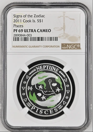 1 DOLLAR 2011 COOK ISLANDS ZODIAC SIGNS PISCES SILVER RPOOF NGC PF69