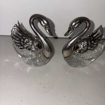 Vtg Silver Plated/Crystal Swan Salt Cellars Movable Hinged Wings Set, Italy