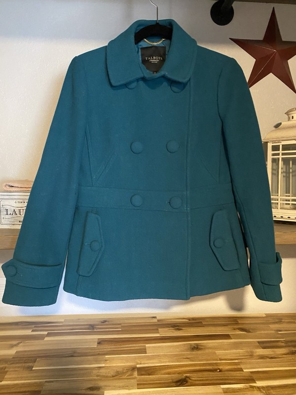 Talbots Petites Double Breasted Teal Green Jacket Coat Size 4P Pea coat Wool Bld
