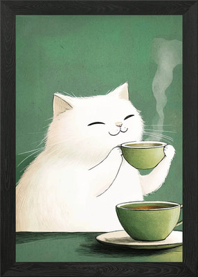 Katze genießt Teezeit Illustration gerahmtes Wandbild Poster Leinwanddruck Bild