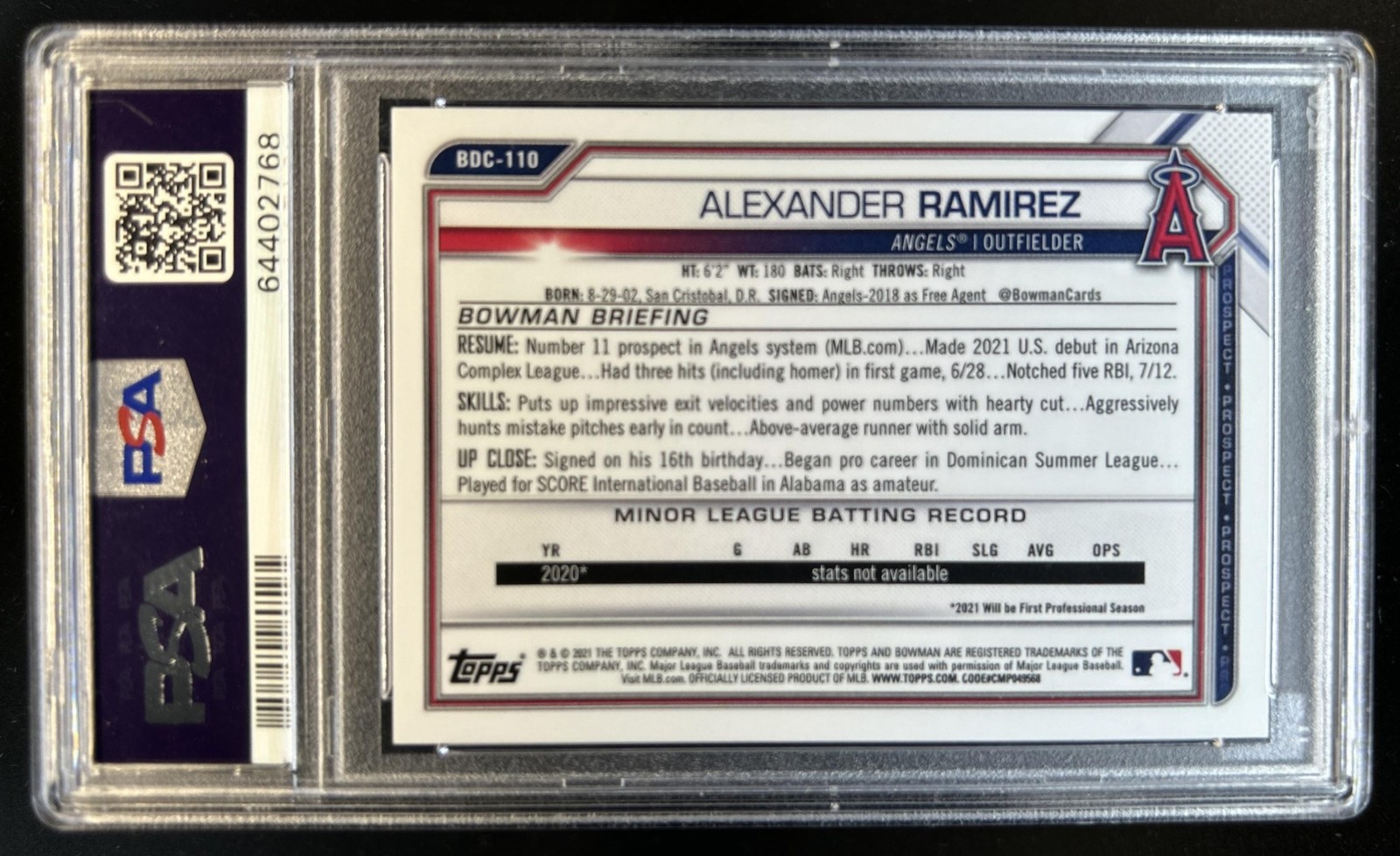 2021 Bowman Draft Alexander Ramirez Chrome Superfractor #1/1 Angels PSA 9 view 2