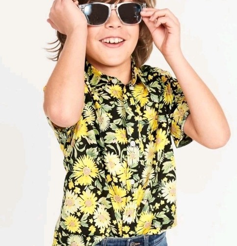 Old Navy Shirt Boys Youth Sunflower Short Sleeve Print Button Up Large (10-12) - Picture 1 of 6