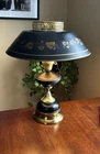 Vintage Lamp Tole Style Table Black Original Milk Glass Metal Great 18.5”