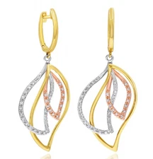 ESTATE .35CT DIAMOND 14KT TRI COLOR GOLD MULTI LEAF HUGGIE FUN HANGING EARRINGS