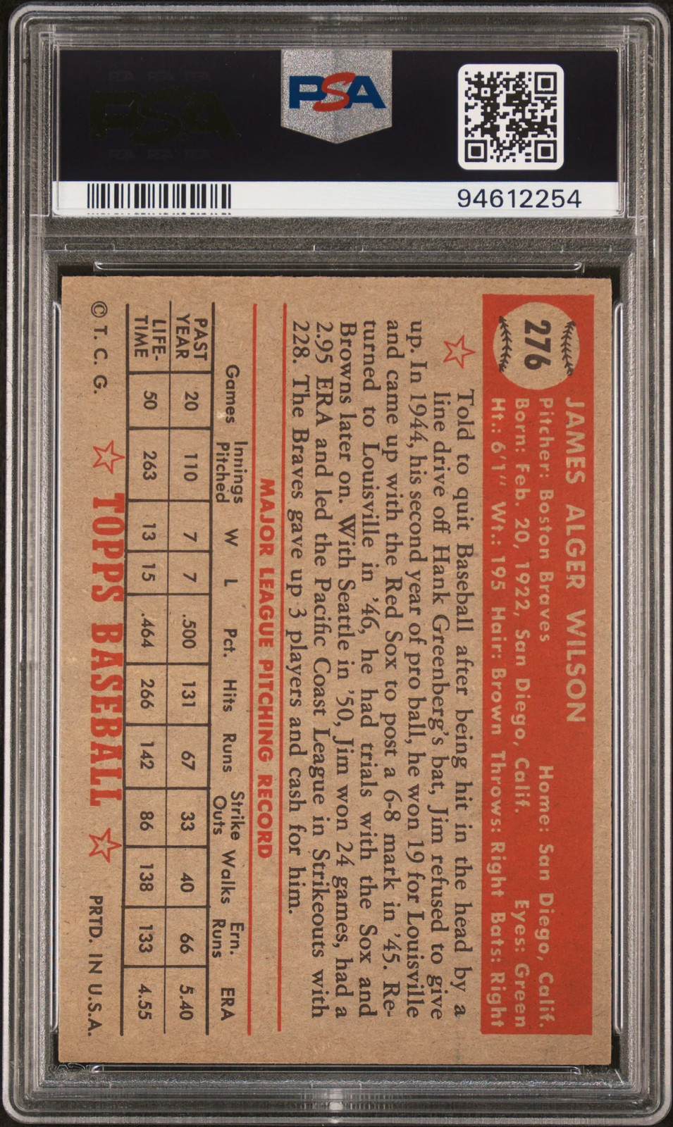 1952 Topps Jim Wilson #276 PSA 6 view 2