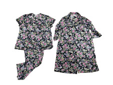Vtg VFM Vanity Fair Pajamas/Robe 3 pc Set Black Floral Nylon Sz L Sleek Soft
