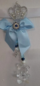 *new* Blue Boy pram charm with Blue And White Beads  Blue Bow Clear Bear & Crown