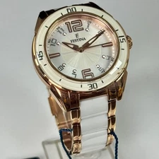 Festina Womens Watch White Ceramic Bezel and Bracelet Rose Gold Case NEW w Tags