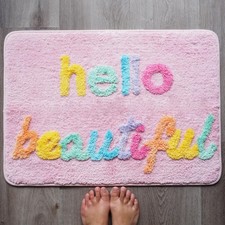 Cute Non-Slip Bath Mat for Girls - Funny Bathroom Rug, Washable Light Pink Rainb