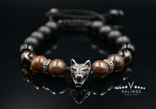 Herren Edelstein Wolf Armband Naturstein Bracelet Onyx Achat Bronzit Rauchquarz