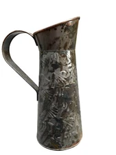 Tall Metal Embossed Lacquered Pitcher w/handle 13.25” Watering Can Country Vase