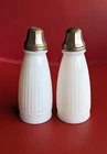 Vintage Ribbed White Milk Glass Salt Pepper Shakers 5 ½" Tall Metal Lid
