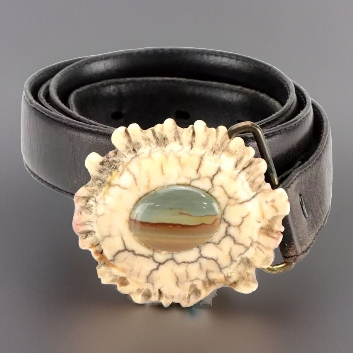 Antler Carved Belt Buckle With Stone Accent And Lands End  display picture 2