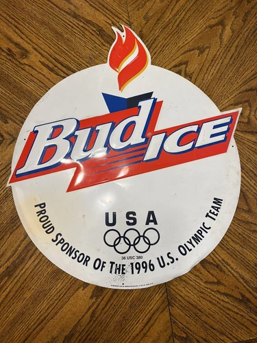 Vintage 1996 Atlanta Olympics Bud Ice Tin Metal Advertising Double Sided Sign