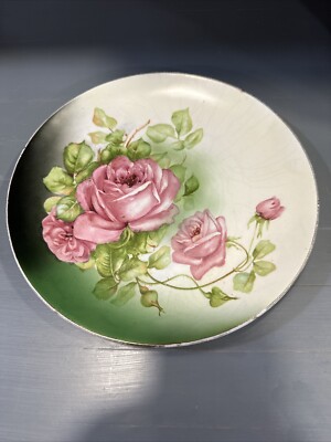 Vintage Porcelain Plate Roses Pink floral green beautiful wall cottage core