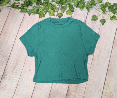 Set Active Women Crop Shirt Top Short Sleeves 100% Cotton Crew Neck Green XS
