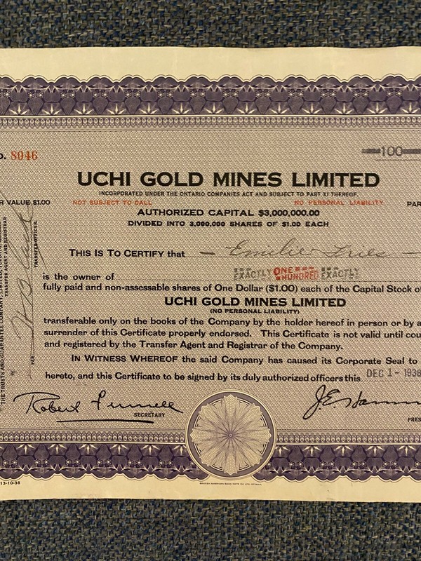 Uchi Gold Mine stock certificate