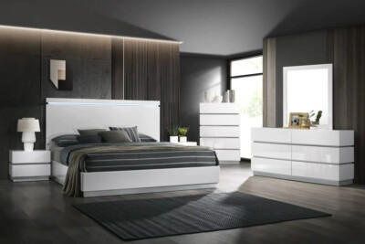 NEW 5PC LED Gloss White Queen King Modern Italian Bedroom Furniture B/D/M/N/C