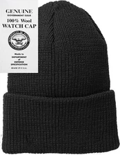 Black 100% Wool Watch Cap Beanie Double Layered Warm Winter Knit Hat US Made