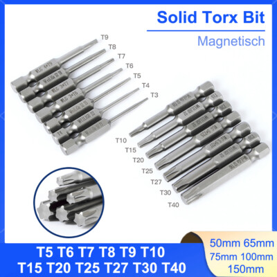 Solid Torx Screwdriver Bit Magnetic 1/4'' Hex Star Security Pin T3 to T40 Long