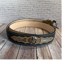 Men's Black Tan Western Belt Silver Buckle Star Studded Adjustable Size 38
